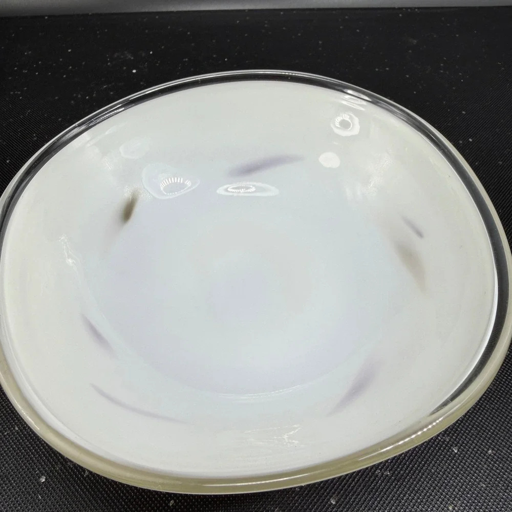Vintage 1980s Venetian Blown Glass Dish Bowl White with Red Purple Swirls 6 Inch